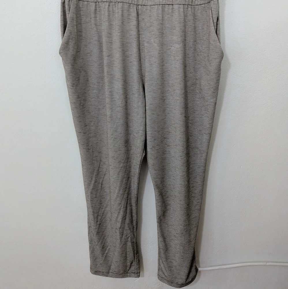 LOGO Lori Goldstein Striped Henley Sleeveless Jumpsuit Space Dye Beige Black 1X